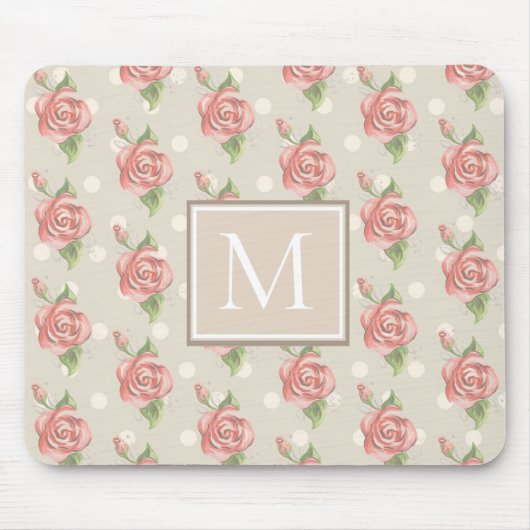 Monogram  roze rozen en Stippen Muismat (Voorkant)