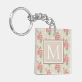 Monogram  roze rozen en Stippen Sleutelhanger (Voorkant Links)