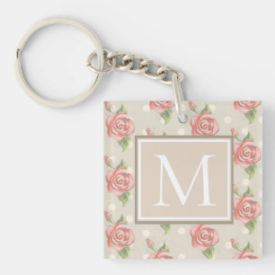 Monogram  roze rozen en Stippen Sleutelhanger