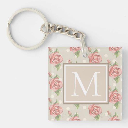 Monogram  roze rozen en Stippen Sleutelhanger (Voorkant)
