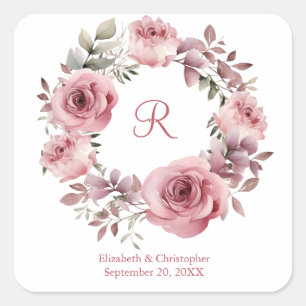 Monogram Roze Rozen Groen Waterverf Bruiloft Vierkante Sticker