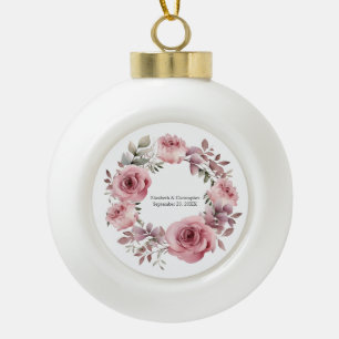 Monogram Roze Rozen Groene Waterverf Trouw Keramische Bal Ornament