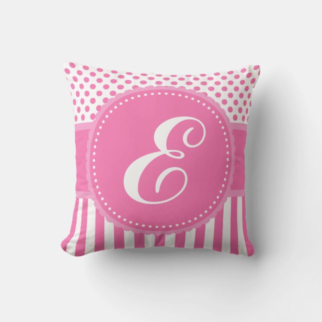 Monogram Roze Stippen en Stripes Sierkussen (Voorkant)