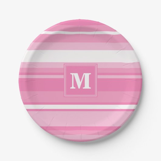 Monogram roze strepen papieren bordje (Voorkant)