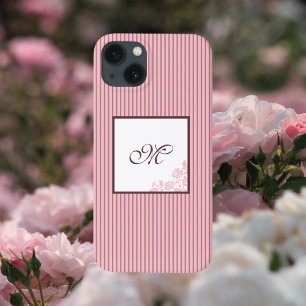 Monogram roze Stripe Roos Lace Initiaal iPhone 13 Hoesje