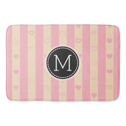 Monogram roze stripes modern hartpatroon badmat (Voorkant)