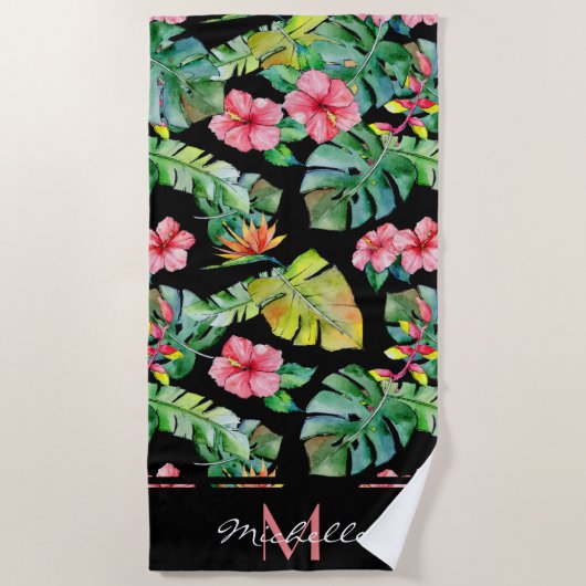 Monogram Roze tropische Floral Hibiscus Black Strandlaken (Voorkant)