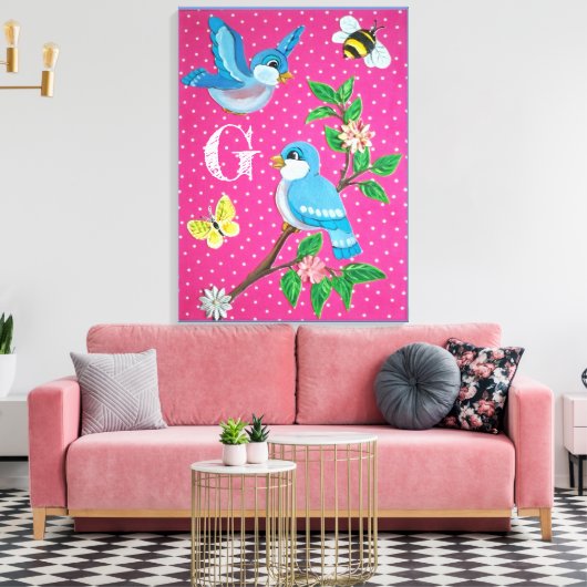 Monogram Roze Vrolijke Bluebird Collage Canvas Afdruk (Insitu (Woonkamer))