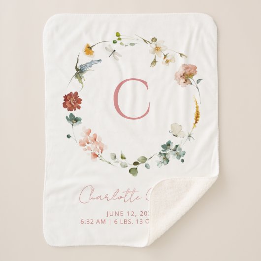 Monogram Roze Waterverf Bloemen Meisje Geboorte St Sherpa Deken (Voorkant)