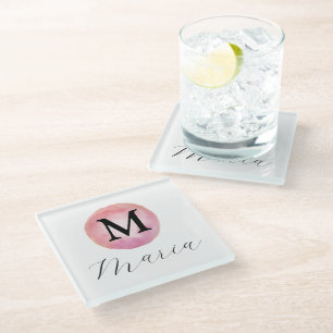 Monogram Roze Waterverf Elegant Glazen Onderzetter