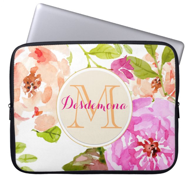 Monogram Roze Waterverf Floral Laptop Sleeve (Voorkant)