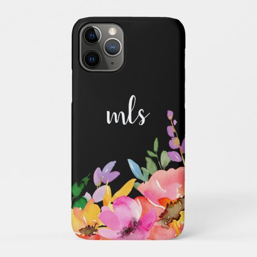 Monogram Roze Waterverf Trendy Floral Black Case-Mate iPhone Case (Achterkant)