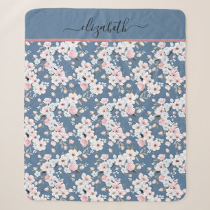 Monogram Roze Wit Donkerblauw Bloem Bloemen  Sherpa Deken