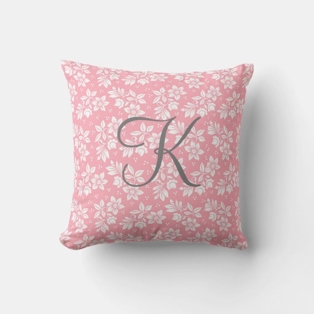 Monogram Roze Wit Grijs Bloemmotief Botanisch Kussen (Voorkant)