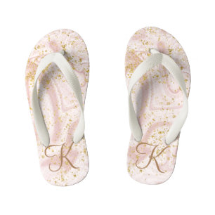 Monogram Roze Wit Marmer Werveling Gouden Glitters Kinder Teenslippers