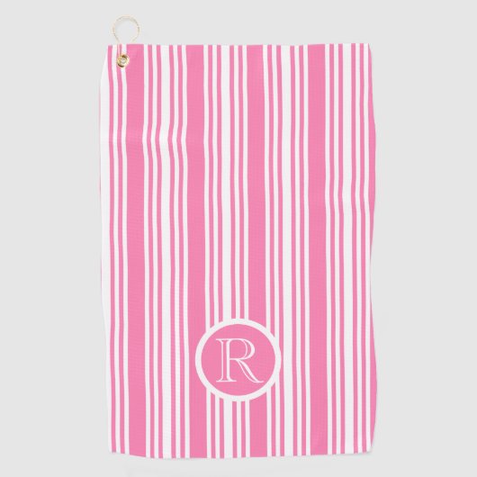 Monogram Roze wit Strepen Patroon Gepersonaliseerd Golfhanddoek (Voorkant)