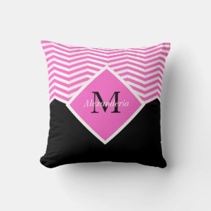 Monogram roze witte chevron-trommel personaliseren kussen