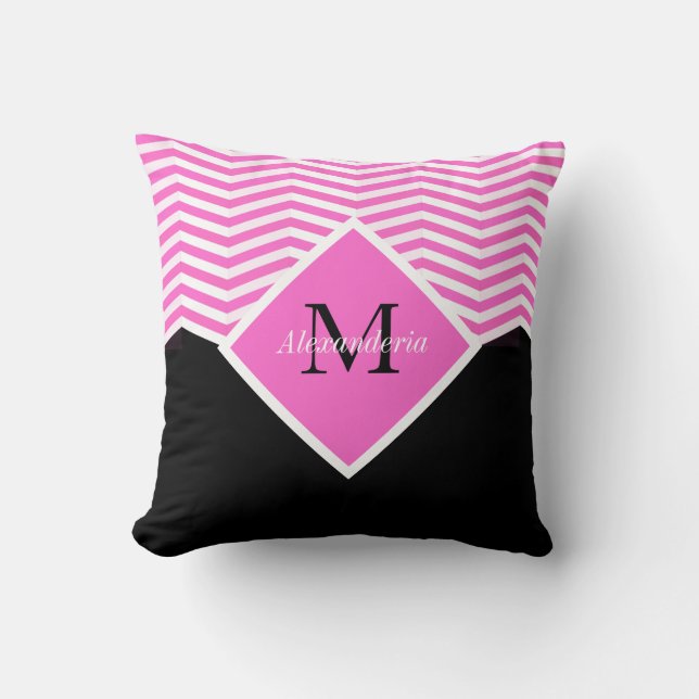 Monogram roze witte chevron-trommel personaliseren kussen (Voorkant)