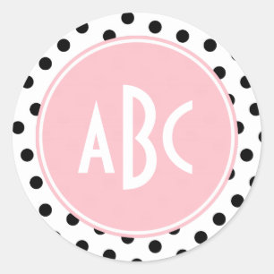 Monogram roze witte en zwarte pooldots ronde sticker