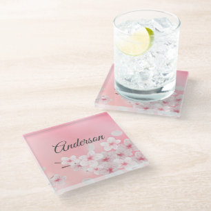 Monogram Roze Witte Kersenbloesem Bloem Bloemen Glazen Onderzetter
