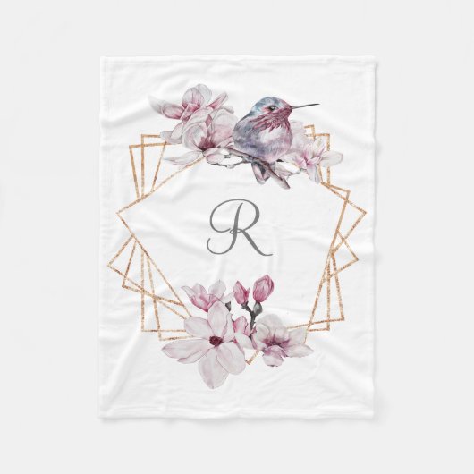 Monogram Roze Witte Magnolias Bird Lijst Fleece Deken (Voorkant)