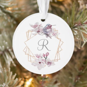 Monogram Roze Witte Magnolias Bird Lijst Ornament