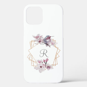 Monogram Roze Witte Magnolia's Vogel Goud Frame iPhone 12 Hoesje