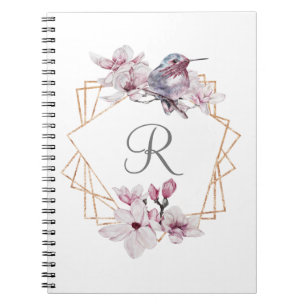 Monogram Roze Witte Magnolia's Vogel Gouden Lijst Notitieboek