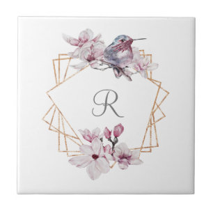 Monogram Roze Witte Magnolia's Vogel Gouden Lijst Tegeltje