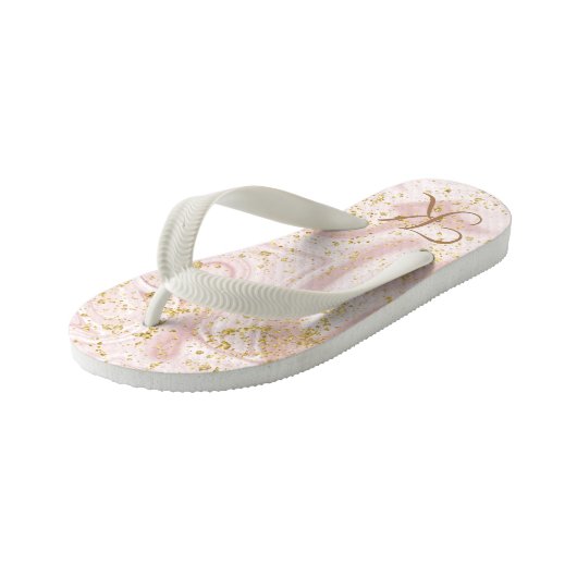 Monogram Roze witte marmer Glitter Kinder Teenslippers (Schuin)