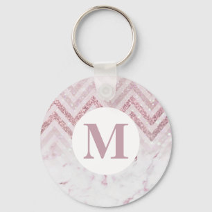 Monogram roze witte marmer Persoonlijke naam Sleutelhanger