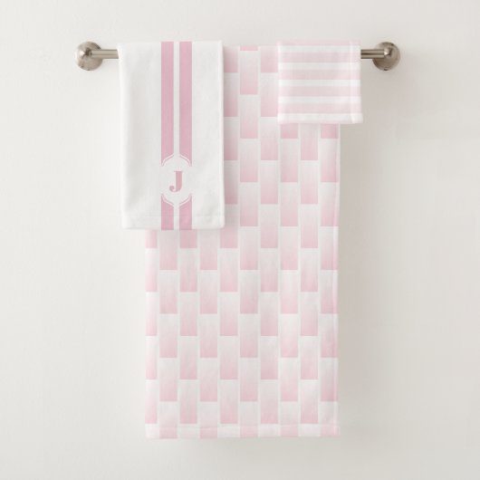 Monogram roze witte ombre gecontroleerde streep bad handdoek (Insitu)