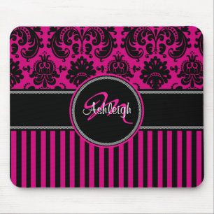 Monogram roze witte streep Damask Mousepad Muismat