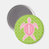 Monogram Roze Zee Turtle Groen Quatrefoil Magneet (Voorkant / Achterkant)