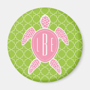 Monogram Roze Zee Turtle Groen Quatrefoil Magneet