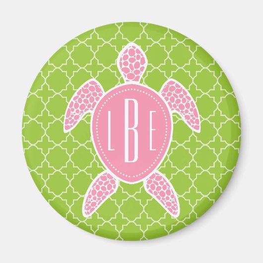 Monogram Roze Zee Turtle Groen Quatrefoil Magneet (Voorkant)