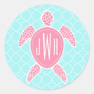 Monogram roze Zeeen schildpad + blauw kwartet Ronde Sticker