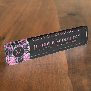 Monogram roze zwart Floral met een relatief aangep Naambordje