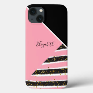 Monogram roze zwart goud Glitter Trendy iPhone 13 Hoesje