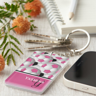 Monogram roze zwart Voetbal Patroon Sleutelhanger