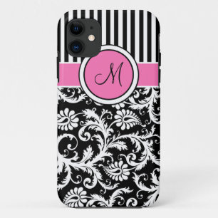 Monogram roze zwart White Striped Damask iPhone 5 iPhone 11 Hoesje