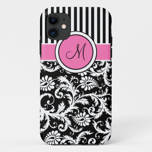 Monogram roze zwart White Striped Damask iPhone 5 Case-Mate iPhone Case (Achterkant)