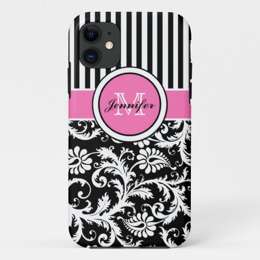 Monogram roze zwart White Striped Damask iPhone 5 Case-Mate iPhone Case (Achterkant)