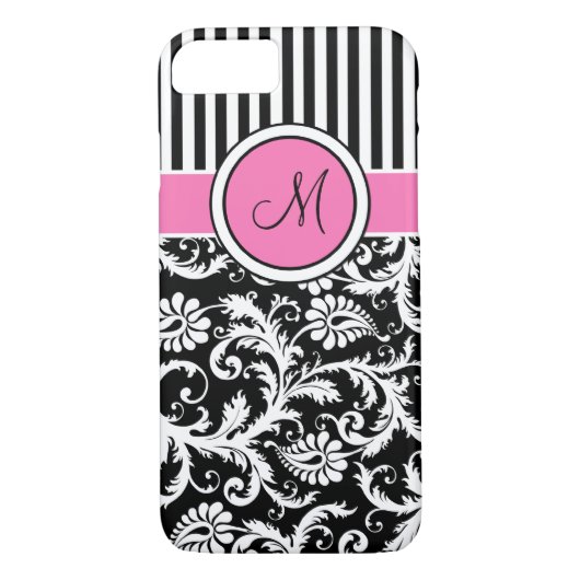 Monogram roze zwart White Striped Damask iPhone 7 Case-Mate iPhone Case (Achterkant)