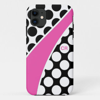 Monogram roze zwart-witte poka-puntgolven iPhone 11 hoesje