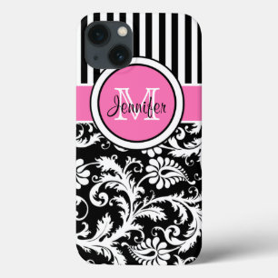Monogram roze, zwart, witte streped Damask iPad iPhone 13 Hoesje