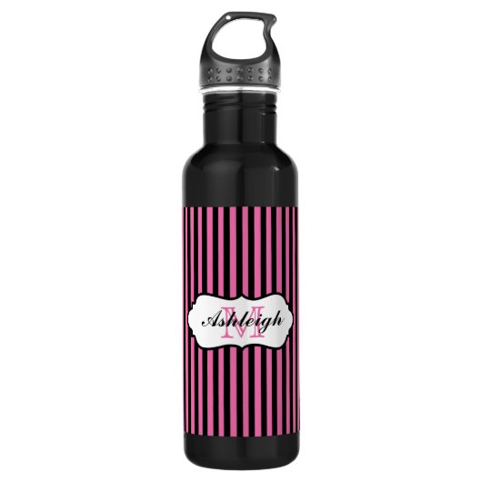 Monogram roze, zwart, witte streping waterfles (Voorkant)