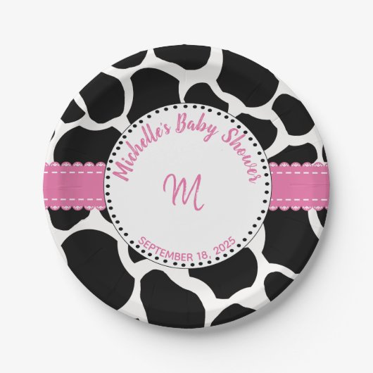 Monogram roze zwarte Koe Afdruknaam Papieren Bordje (Voorkant)