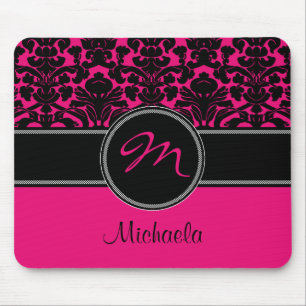 Monogram roze zwarte witte Damask Mousepad Muismat