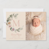 Monogram Rozen Foto Baby geboorte Aankondiging (Voorkant)